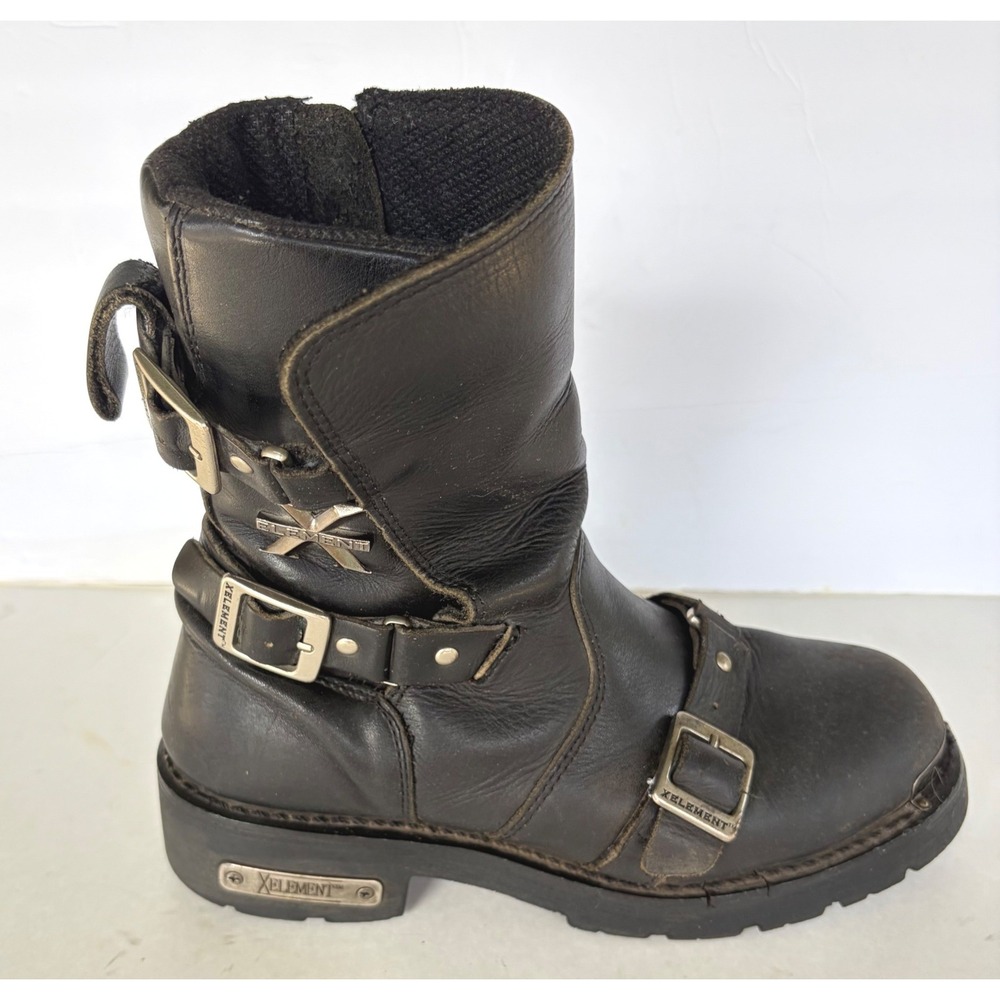 Xelement Mens Black Leather Biker Boots LU1456 Triple Buckle Side Zip Size 8 M
